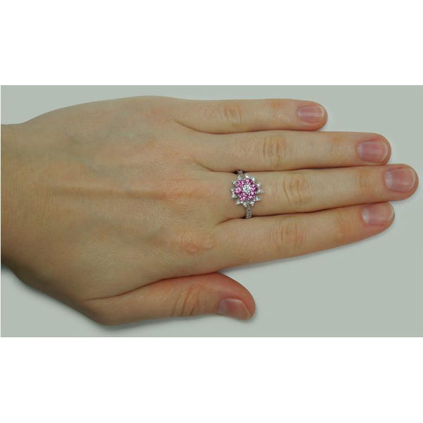  Half bazel fancy Diamonds & Pink Sapphires   Flower Style Ring White Gold  Gemstone Ring