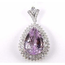 21.50 Ct Pear Cut Pink Kunzite And Round Natural Earth Mined Diamond Pendant Gold 14K