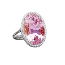 21 Carats Pink Kunzite And Natural Earth Mined Diamond Wedding Ring White Gold 14K
