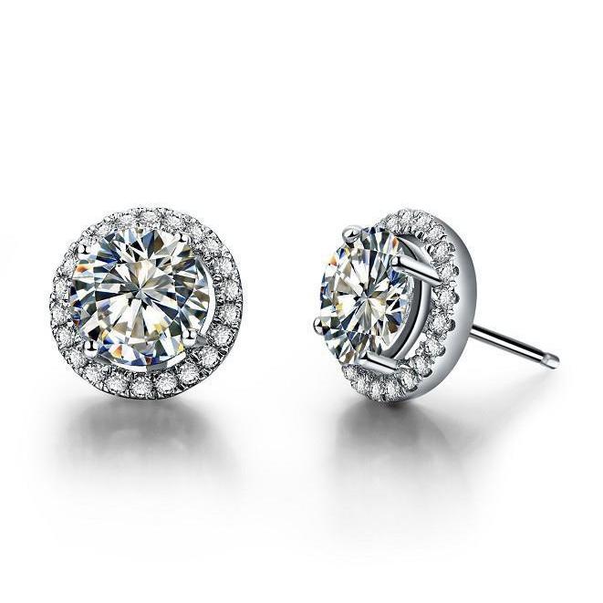 New  Prong Set Round Halo Diamonds Lady Studs Earrings  White Gold Halo Stud Earrings