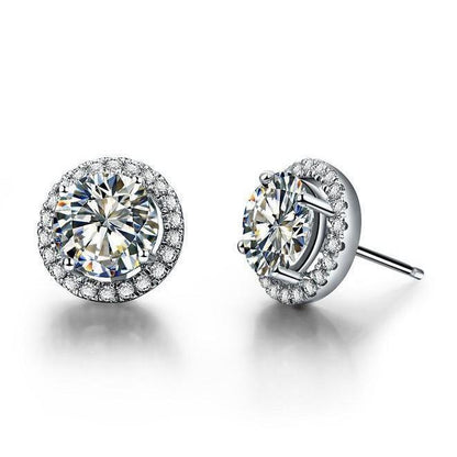 New  Prong Set Round Halo Diamonds Lady Studs Earrings  White Gold Halo Stud Earrings