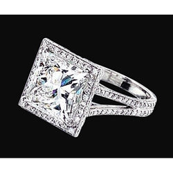 Natural  Princess Center Diamond Double Row Halo Ring 2.55 Carat White Gold 14K