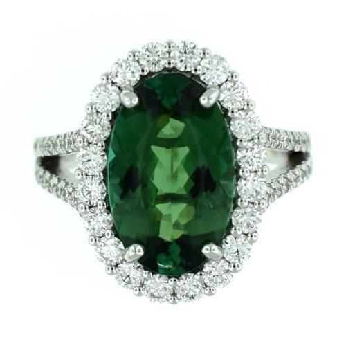  High Quality  Green Tourmaline And Diamond    White Gold Gemstone Ring