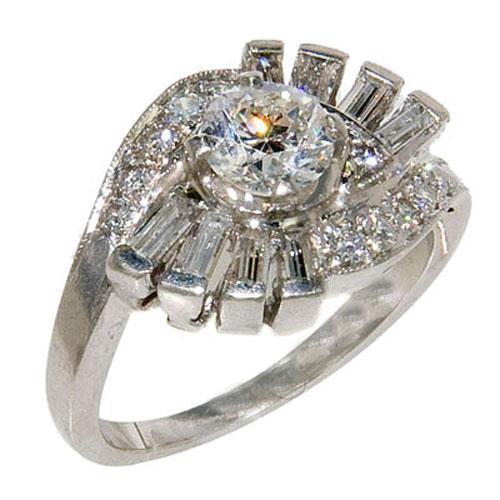 2.3 Ct Round And Baguette Diamond Ring 14K White Gold Engagement Ring