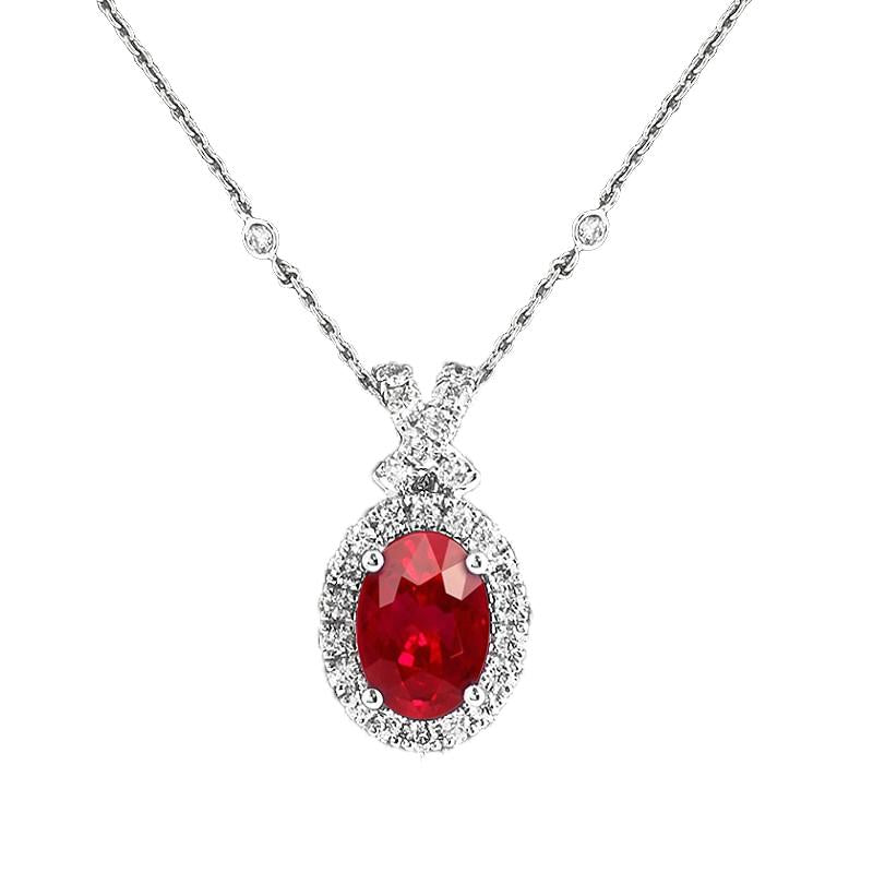 2.35 Carats Oval Cut Ruby And Diamond Necklace Pendant Gold 14K Gemstone Pendant
