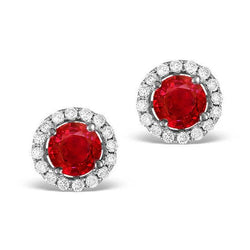 2.40 Ct Round Cut Red Ruby And Halo Diamond Stud Earring