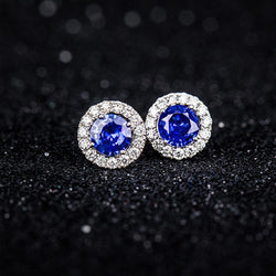 2.30 Ct Round Cut Sri Lankan Sapphire And Natural Earth Mined Diamond Stud Earrings