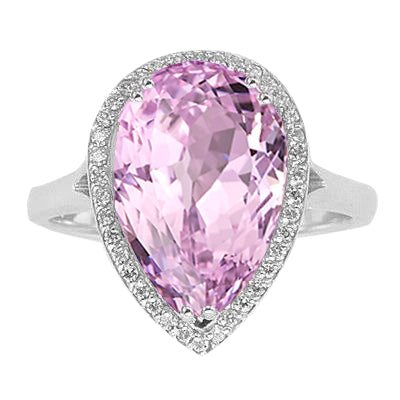 24.45 Carats Pear Pink Kunzite With Natural Earth Mined Diamond Wedding Ring White Gold