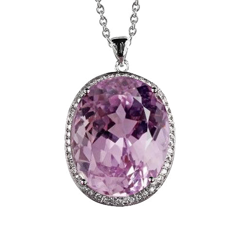 24.50 Ct Oval Cut Pink Kunzite With Natural Earth Mined Diamond Pendant White Gold 14K