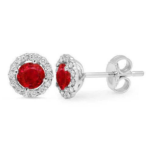  High Quality Fancy Sparkling  Round Cut Red Ruby And Diamond Stud Halo Earring White Gold Gemstone Earring