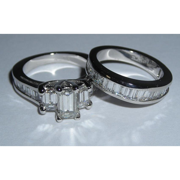 Emerald Cut & Baguettes Cut Diamond Ring 3.53 Carats White Gold 14K Engagement Ring Set