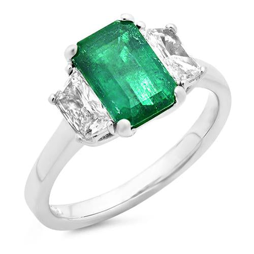   Fancy Lady’s  Green Emerald And Diamond 3 Stone  White Gold  Gemstone Ring