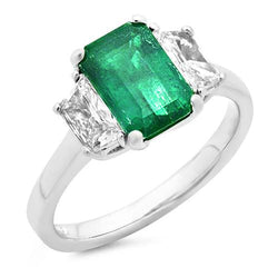2.50 Carats Green Emerald And Diamond 3 Stone Ring White Gold 18K