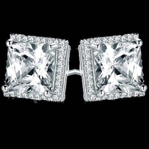 Princess And Round Halo Diamond Stud Earring White Gold 