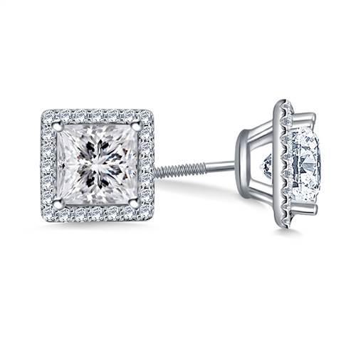  Princess Halo Diamond Stud Earring  White Gold Halo Stud Earrings