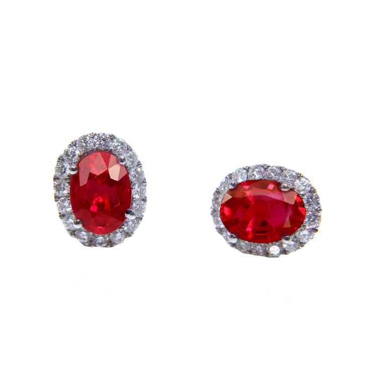  Female new Anniversary  Red Oval Cut Ruby With Round Diamond Stud Halo  White Gold   Gemstone Earring