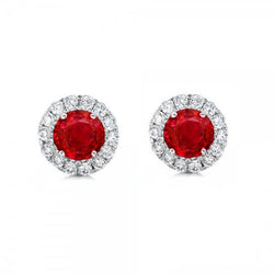 2.50 Carats Round Red Ruby Halo Diamond Stud Earring White Gold 14K