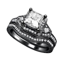 Princess Diamond Engagement Ring & Band Set 2.50 Carat Black Gold 14K