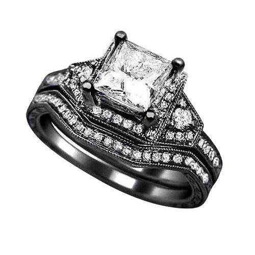 2.50 Carat Princess Center Diamond Engagement Ring & Band Set Black Gold 14K Engagement Ring Set