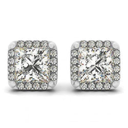 2.50 Carats Princess Center Diamond Studs Earrings Halo White Gold 14K