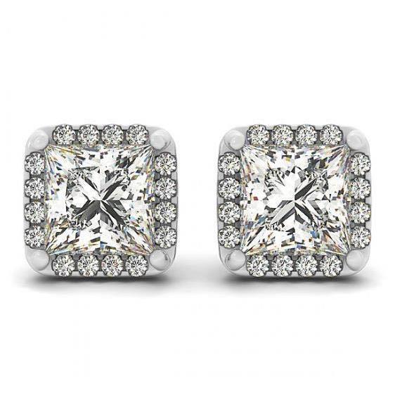 Princess Center Women Diamond Engagement Ring White Gold Studs Halo Earrings