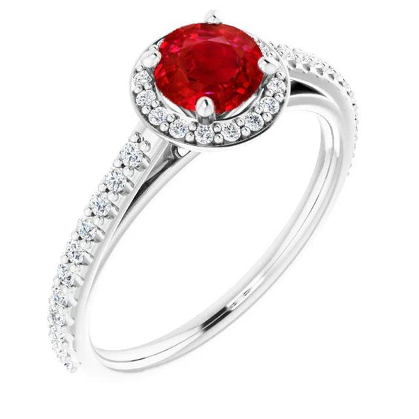  Brilliant Sparkling  Ring Round Halo Ruby White Gold  Gemstone Ring