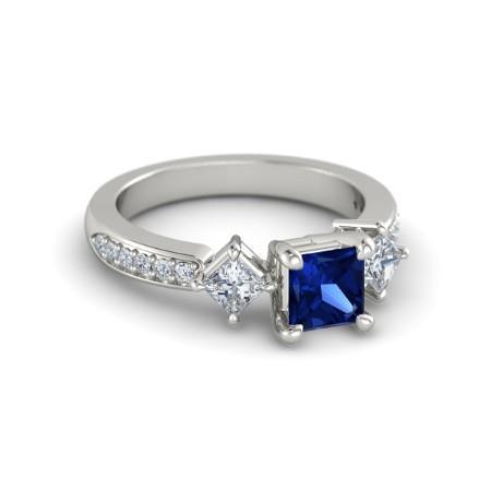  High Quality Unique  Princess Round Cut Ceylon Sapphire And Diamond   White Gold   Gemstone Ring