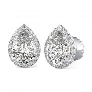 2.50 Pear & Round Halo Diamond Stud Earring White Gold 14K Halo Stud Earrings