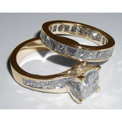 4.50 Carats Diamonds Princess Cut Engagement Ring Set Yellow Gold 14K