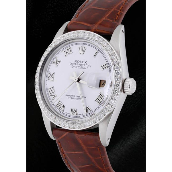 Rolex Dj Rolex Roman Dial Diamond Bezel Watch Brown Leather Band Ss