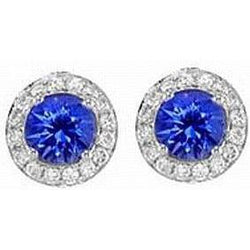 2.60 Ct Round Ceylon Sapphire And Diamond Halo Stud Earrings