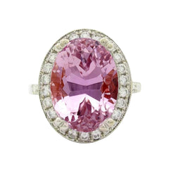 26 Carats Pink Kunzite Halo Natural Earth Mined Diamonds Ring Prong Set White Gold 14K