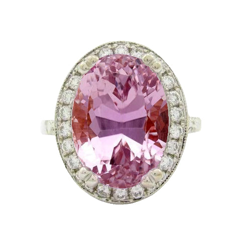 High Quality Fancy Pink Kunzite Halo Diamonds Ring Prong Set White Gold 