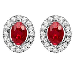 2.60 Carats Red Ruby And Natural Earth Mined Diamond Halo Stud Earring White Fine Gold 14K