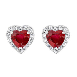 2.60 Ct Heart Cut Red Ruby With Diamond Pave Halo Stud Earring WG 14K