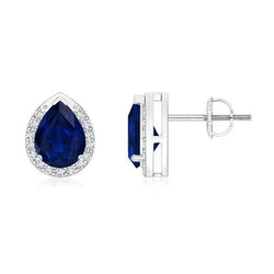Pear Ceylon Blue Sapphire Round Diamond Stud Earring 2.80 Carat WG 14K