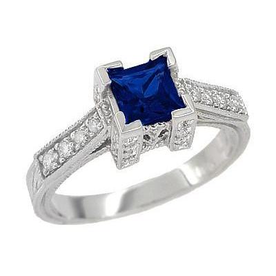 Fancy Lady’s Ceylon Sapphire And Diamond Ring  White Gold Gemstone Ring
