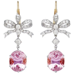 29.40 Ct Pink Kunzite With Diamonds Dangle Earrings Two Tone Gold
