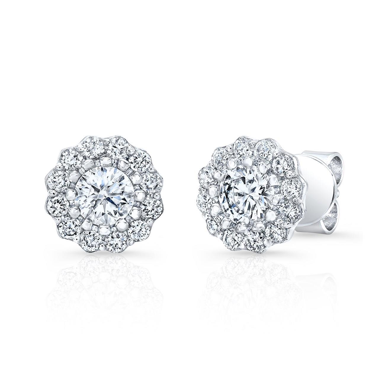  Prong Set Brilliant  Diamonds Studs Halo Earring White Gold 