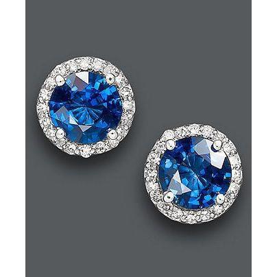   Round Cut Sri Lankan Sapphire  Halo Diamond Stud Earring 