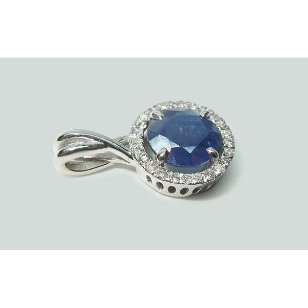 Gemstone Pendant Round Sri Lanka Sapphire Diamond Women Necklace Pendant 2.20 Ct.