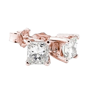 2 Carat Princess Natural Earth Mined Diamonds Stud Earrings Rose Gold