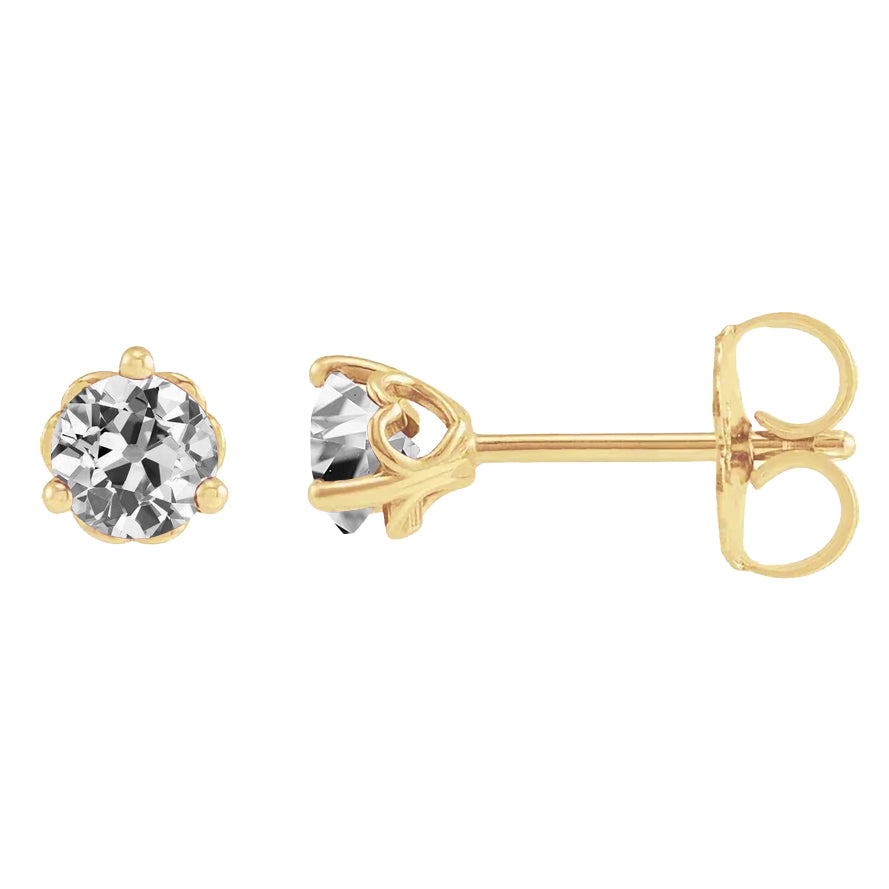 Gold Stud Earrings Old Miner Cut European Diamond Prong Set