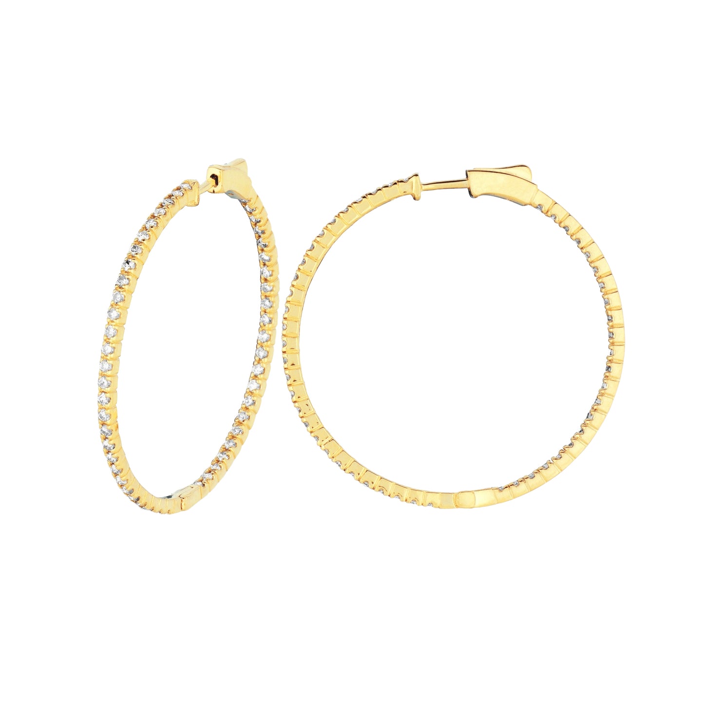 2 Pointer Hoop Earrings/Patented Snap Lock 2 Carats 14K Yellow Natural Earth Mined Diamond