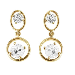2 Stone Diamond Drop Earrings Yellow Gold Round Old Mine Cut 4 Carats