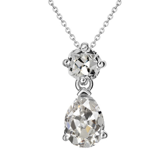 2 Stone Diamond Pendant 4 Ct Pear & Cushion Old Cut 