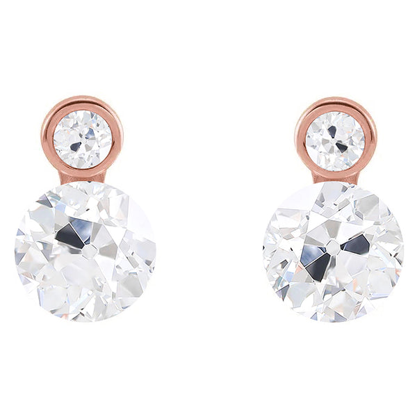 2 Stone Diamond Stud Earrings Round Old Mine Cut 8 Carats Rose Gold