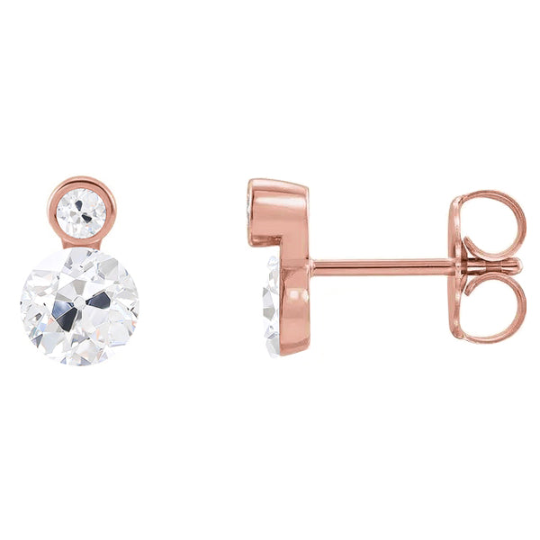 2 Stone Diamond Stud Earrings Round Old Mine Cut 8 Carats Rose Gold