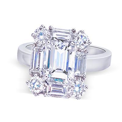 3 Carat Emerald Center Diamond Engagement Ring White Gold Baguettes Engagement Ring
