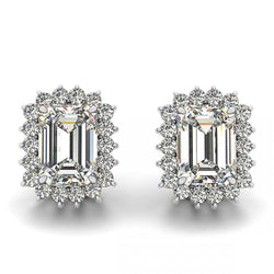 3 Carat Prong Set Emerald Halo Diamond Stud Earring White Gold
